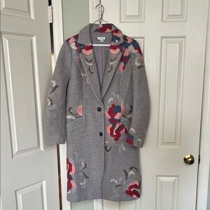 Sundance Gray Trench Coat with Red and Pink Floral Embroidery